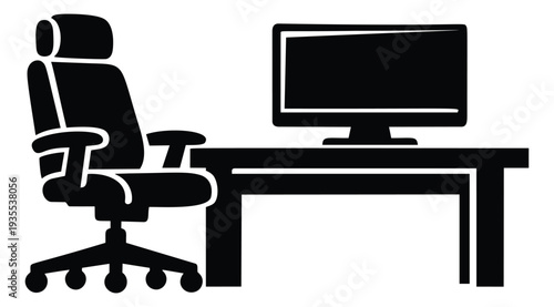 Iconic office furniture set featuring a swivel chair and a computer monitor on a desk for a productive work environment