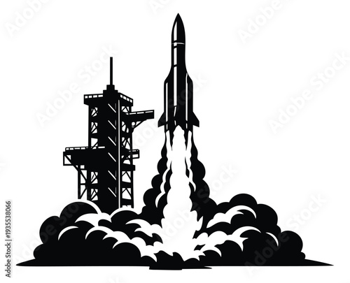 Graphic illustration of a space rocket depicting its vertical take-off for business and innovation concepts