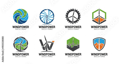 Set of wind power logos and icons for renewable energy industry.