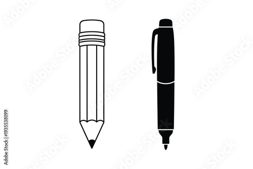 A pencil and a pen standing upright against a white background Vector