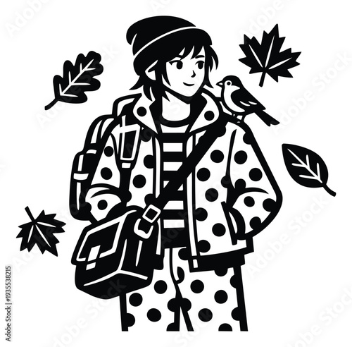 Hand drawn line art illustration of a person with a bird on their shoulder depicting an autumn stroll for fall season designs
