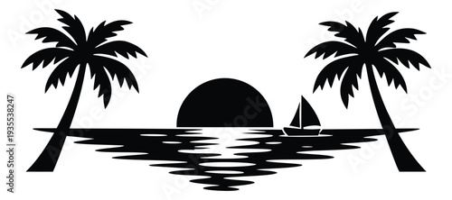 Graphic illustration of a tropical scene depicting a sunset with palm trees and a sailboat for summer vacation