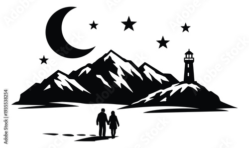 Monochromatic graphic illustration of a couple walking hand in hand towards a lighthouse by mountains depicting a romantic night journey for travel and adventure