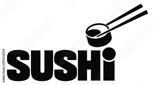 Bold graphic illustration of the word sushi depicting a roll and chopsticks for restaurant branding