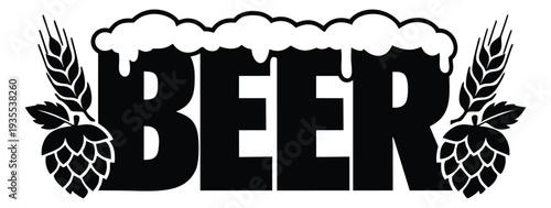 Graphic illustration of the word BEER depicting frothy foam, hops, and wheat for alcoholic beverage branding and promotion