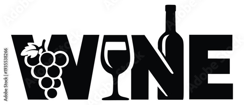 Graphic illustration of the word wine depicting grapes, a wine glass, and a bottle for beverage branding