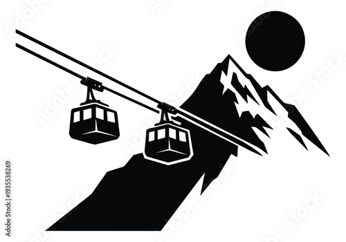 Stylized line art illustration of a cable car depicting mountain transport for alpine tourism