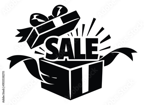 Bold graphic illustration of an open gift box depicting a sale message bursting out for advertising and promotions