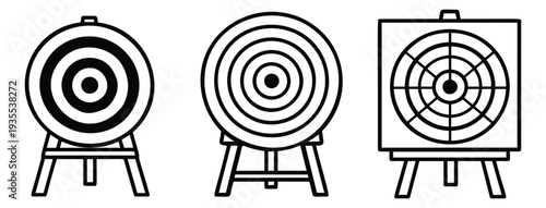 Line art target boards set featuring three different designs on stands for aiming and strategic planning