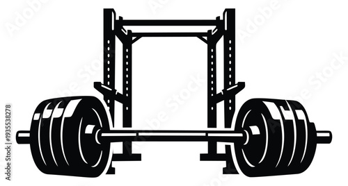 Monochromatic graphic illustration of a barbell and squat rack depicting gym equipment for fitness and strength training