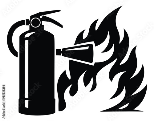 Graphic illustration of a fire extinguisher depicting extinguishing fire for fire safety