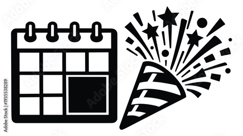 Line art icon set featuring a date calendar and a party popper with confetti for event planning and celebration