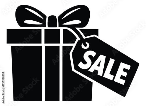 Modern graphic illustration of a gift box depicting a sale tag for shopping promotion