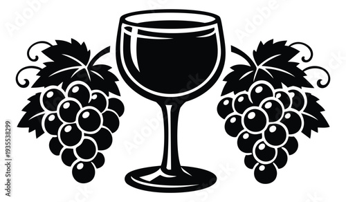 Graphic illustration of a wine glass with grapes depicting elements of winemaking for restaurant and winery design