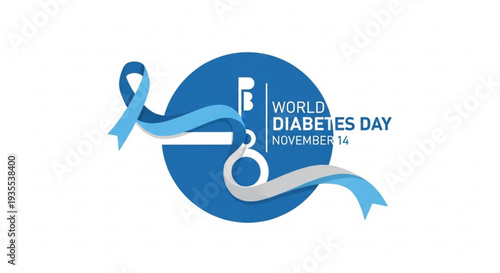 World diabetes day awareness logo with blue ribbon and insulin pen on blue circle background