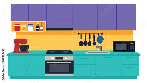 Flat design kitchen interior set featuring modern appliances and colorful cabinets for domestic life