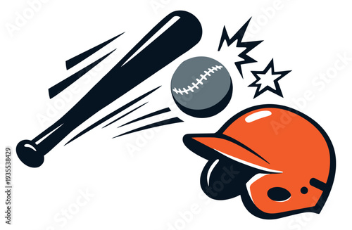 Modern graphic illustration of a baseball bat hitting a ball with a helmet for sports themes