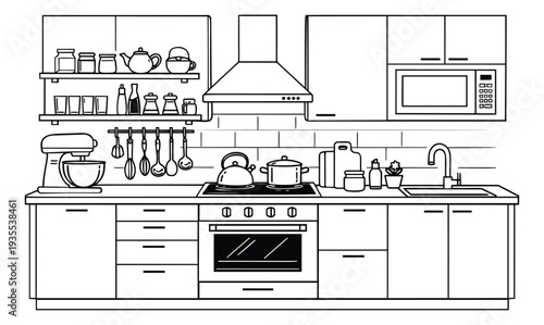 Line art illustration of a modern kitchen interior depicting a fully equipped space for cooking and home activities