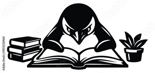 Stylized illustration of a penguin depicting studying a book for education
