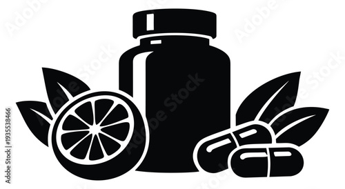 Graphic icon set featuring a supplement bottle, capsules, citrus slice, and leaves for natural health and wellness