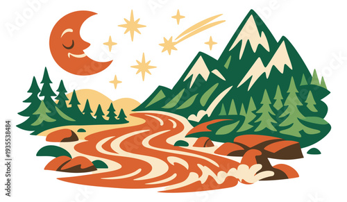Graphic illustration of a serene night mountain landscape depicting a crescent moon, stars, and a winding river for outdoor adventure and nature themes