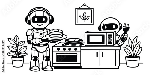Line art illustration of two robots depicting kitchen activities for technology and domestic life