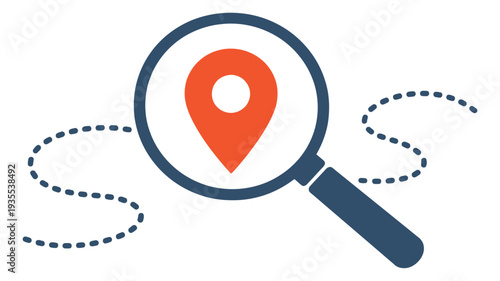 Modern illustration of a magnifying glass and location pin depicting searching for a route for navigation