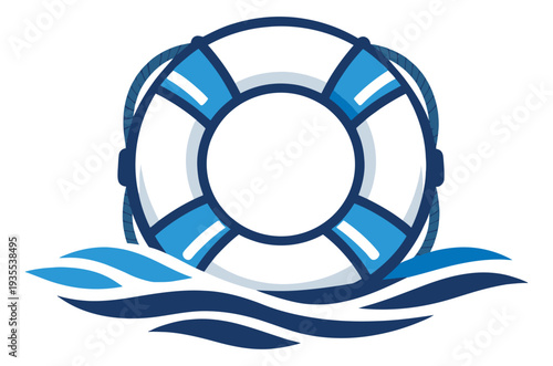 Line art illustration of a lifebuoy depicting floating on ocean waves for maritime safety and emergency