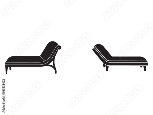 Two black chaise lounge chairs with white trim in different positions isolated on white background
