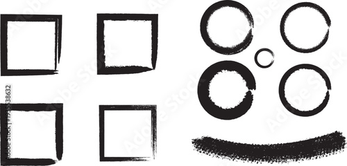 A versatile collection of hand-drawn grunge brush stroke elements in stark black and white. This set features four distinct square frames, four circular frames of varying sizes (including a large, exp