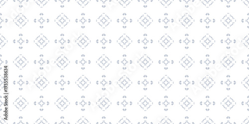 Vector geometric seamless pattern in ethnic folk style. Traditional nordic ornament. Background with squares, diamonds, flower silhouettes, snowflakes. Abstract blue and white texture. Repeated design