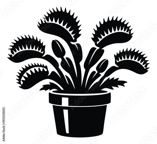 Graphic illustration of a Venus flytrap depicting a potted carnivorous plant for botany themes