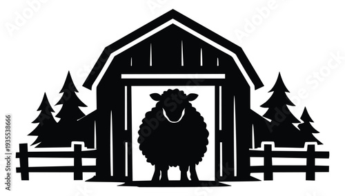 Simple graphic illustration of a sheep in a barn depicting rural farm life for agricultural themes