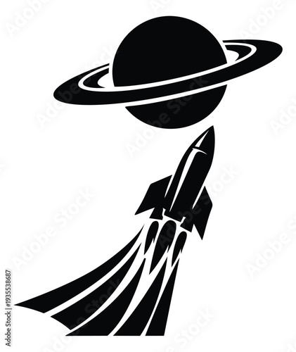 Graphic illustration of a rocket and a ringed planet depicting space launch for futuristic exploration