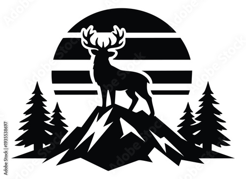 Bold graphic illustration of a stag depicting a wilderness scene with mountains, pine trees, and a striped sunset for outdoor adventure designs
