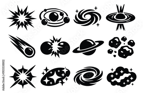 Modern cosmic elements set featuring planets, galaxies, stars, and asteroids for scientific illustrations
