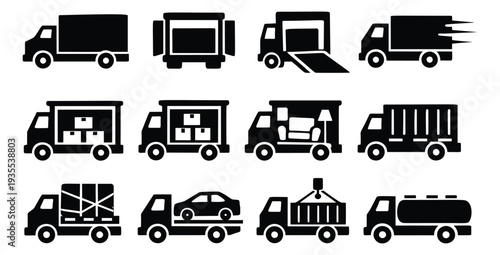 Modern silhouette truck icon set featuring various cargo, delivery and moving vehicles for transportation services