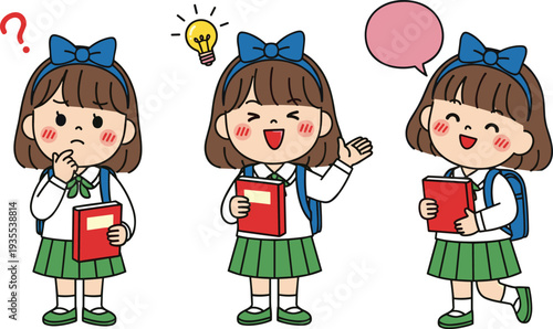 School Girl with Backpacks, Thinking, Getting Ideas, and Speaking, Educational and Fun Learning Expressions