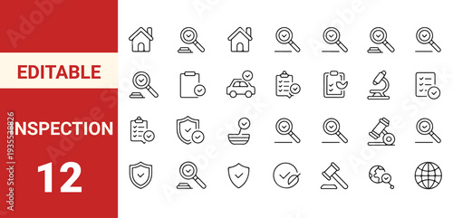 Inspection web icons line style. Evaluation, report document, magnifier, quality check, risk analysis, control, auditor, paper,