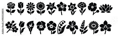 Graphic silhouette flower icon set featuring various blossom types for floral design projects
