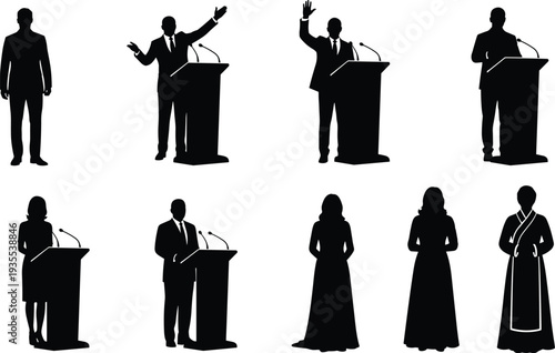 Set of Professional Male and Female Silhouettes Giving Speeches at Podium and Standing in Formal Attire for Business and Politics