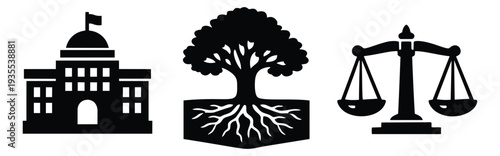 Modern silhouette icons set featuring a courthouse, a tree with roots, and a balance scale for legal, environmental, and governmental concepts