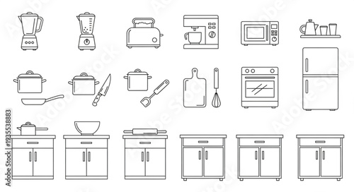 Collection of Kitchen Appliances and Furniture Line Art Icons.