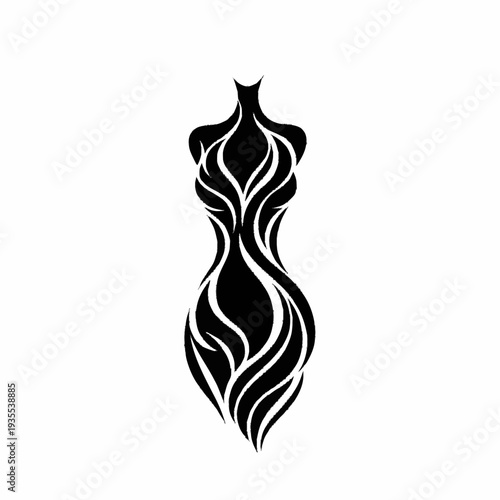 Elegant Black Mannequin Silhouette with Abstract Floral Patterns.