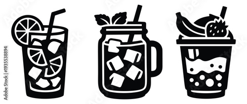 Glyph style refreshing drink set featuring lemonade, iced tea, and a fruit smoothie for summer menus