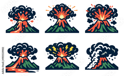 Hand drawn volcano set featuring active eruptions with lava, smoke, and lightning for natural disaster and educational content