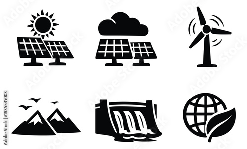 Modern solid eco icons set featuring solar panels, wind turbine, hydroelectric dam, and earth globe for renewable energy and environmental protection