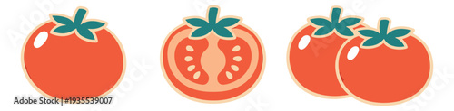 Modern graphic tomato set featuring whole and sliced fruits for food and cooking concepts