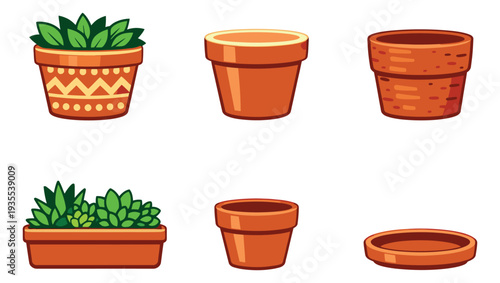 Cartoon style plant pot set featuring terracotta planters with green plants and empty pots for home decor and gardening projects