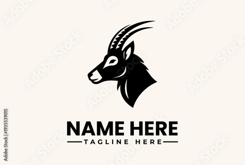 A black and white logo featuring a stylized goat head with curved horns on a beige background with space for a name and tagline.